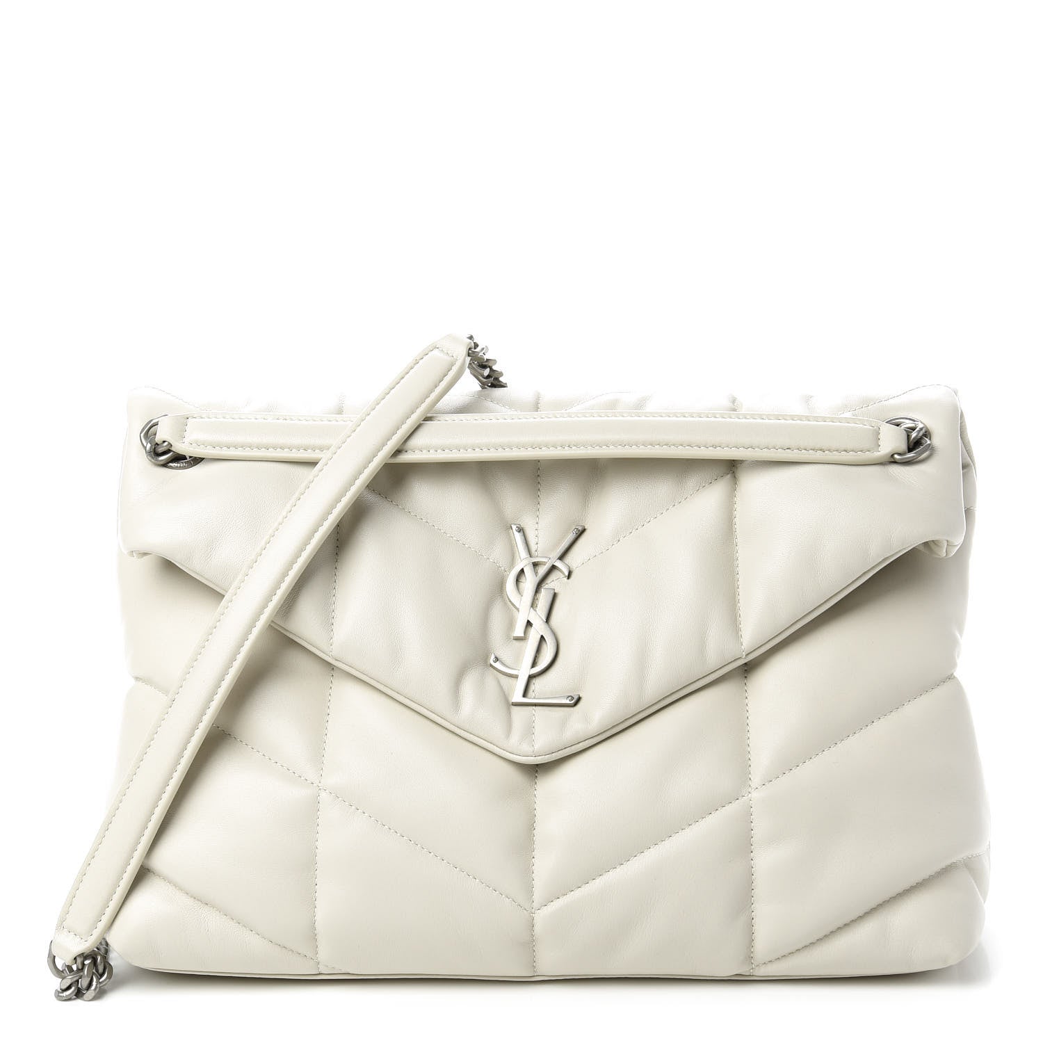 Saint Laurent Lambskin Quilted Medium Loulou Puffer Monogram Chain Satchel Blanc Vintage 1 of 10