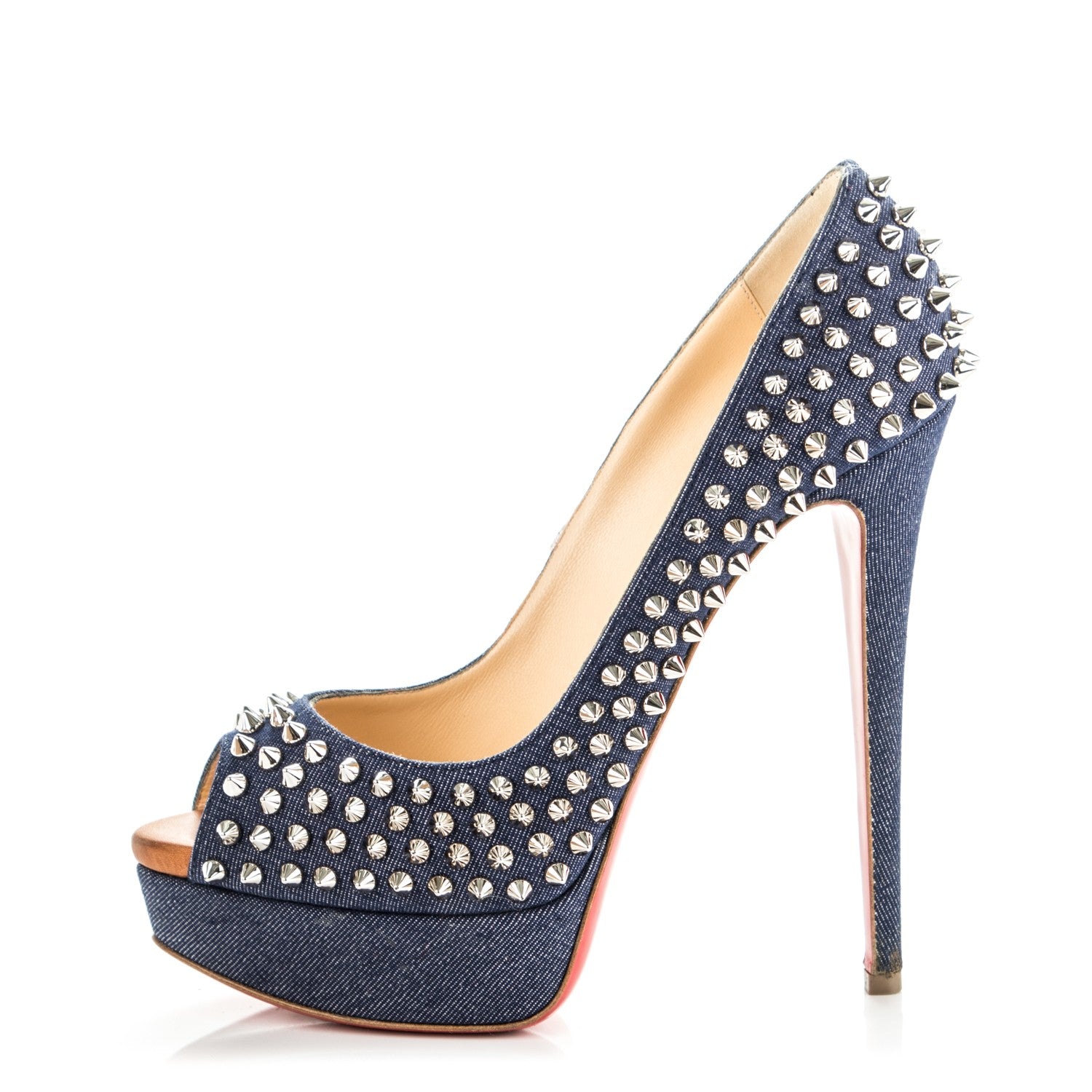 Christian Louboutin Denim Lady Peep Spikes 150 Pumps 39 Blue Arancio 1 of 8
