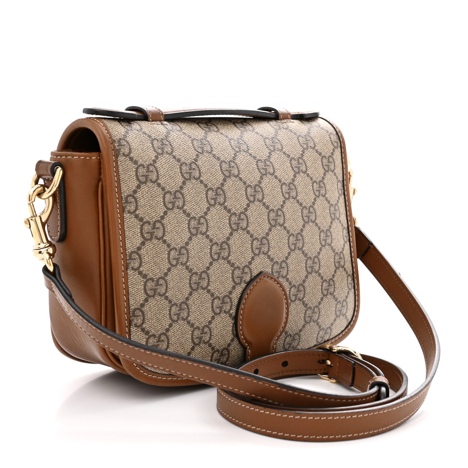 Gucci GG Supreme Monogram Textured Calfskin Emblem Mini Shoulder Bag Beige Dark Brown 3 of 13