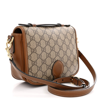 Gucci GG Supreme Monogram Textured Calfskin Emblem Mini Shoulder Bag Beige Dark Brown 3 of 13