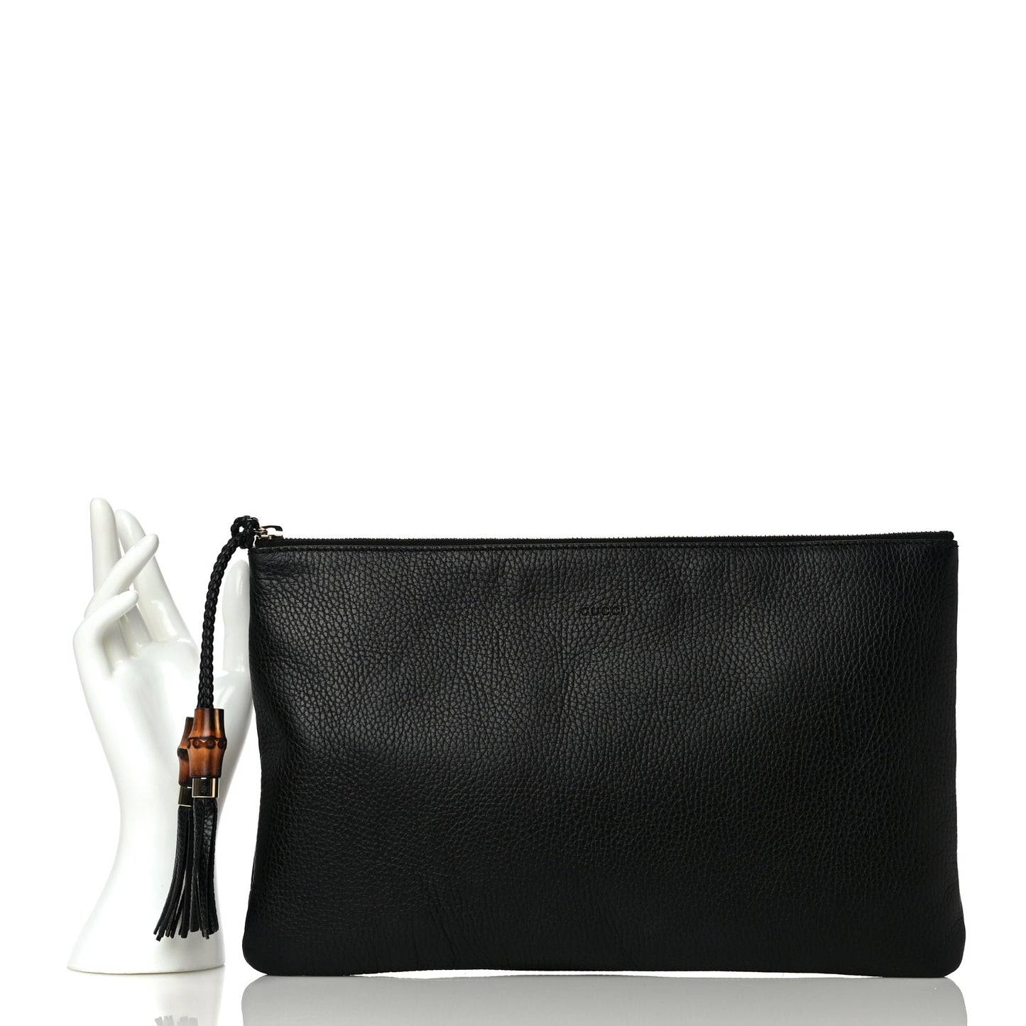 Pebbled Calfskin Large Bamboo Clutch Black