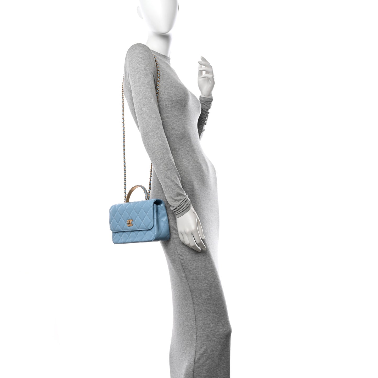 Lambskin Metal Quilted Twist Top Handle Flap With Chain Light Blue