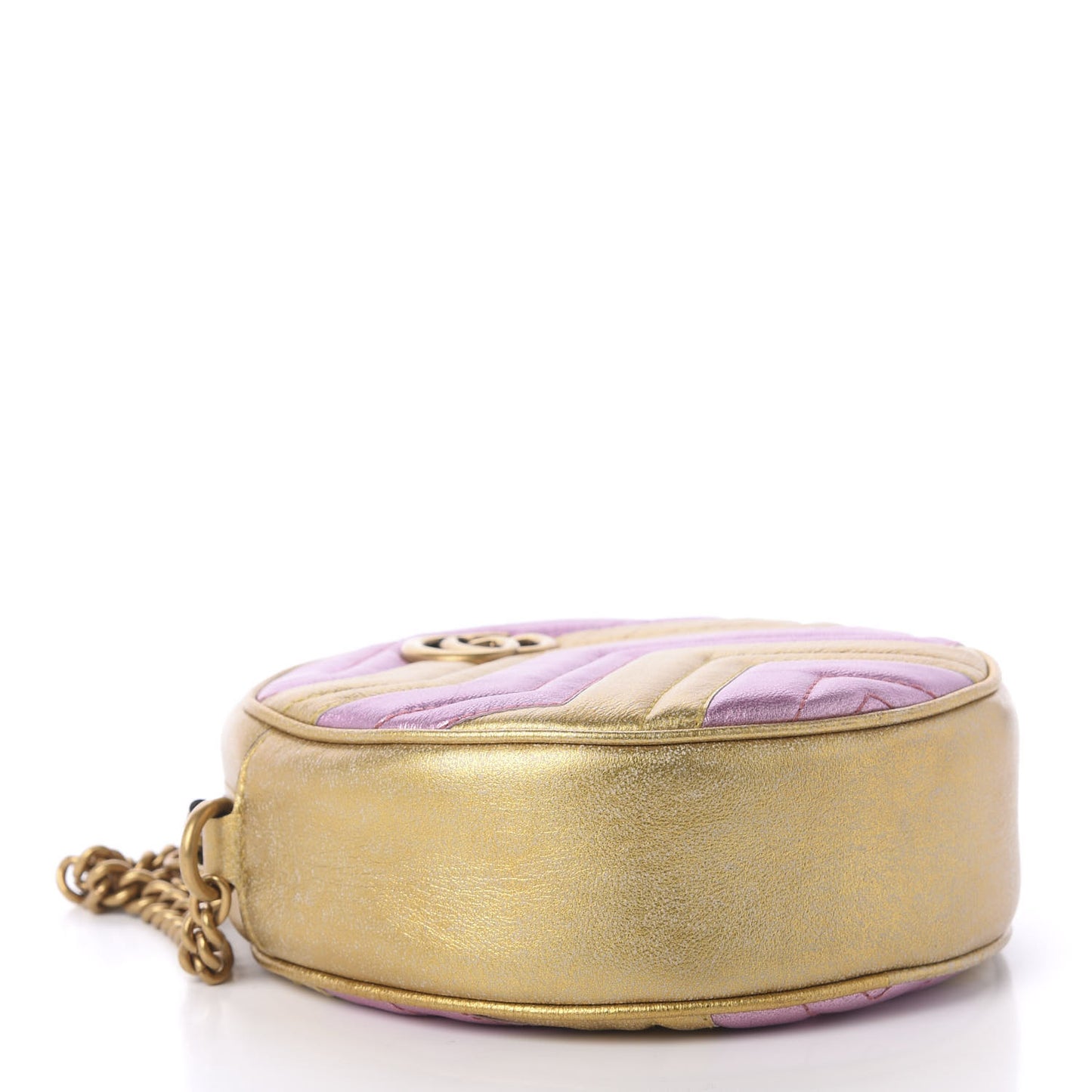 Metallic Calfskin Matelasse Mini GG Marmont Round Shoulder Bag Gold Pink