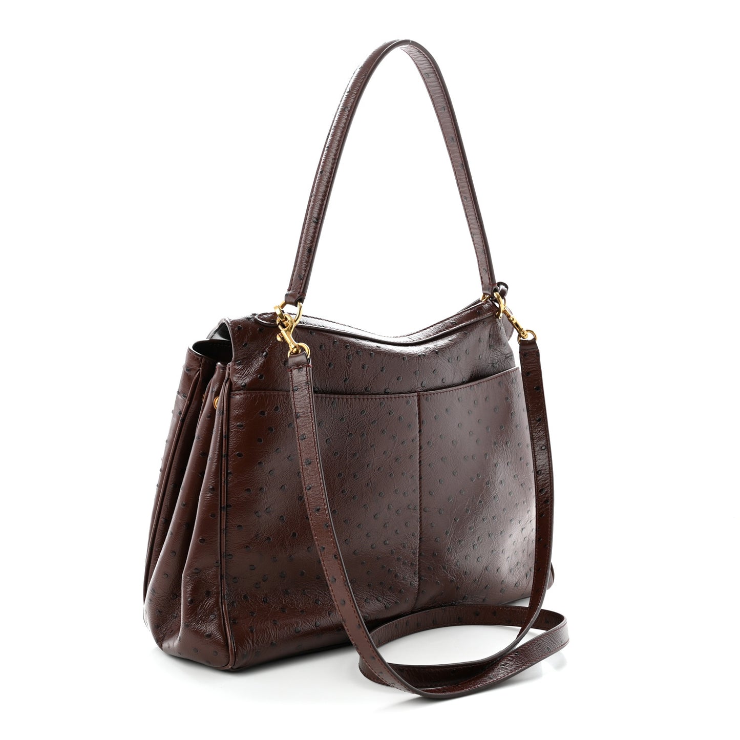 Shiny Calfskin Ostrich Embossed Medium Rodeo Top Handle Handbag Brown