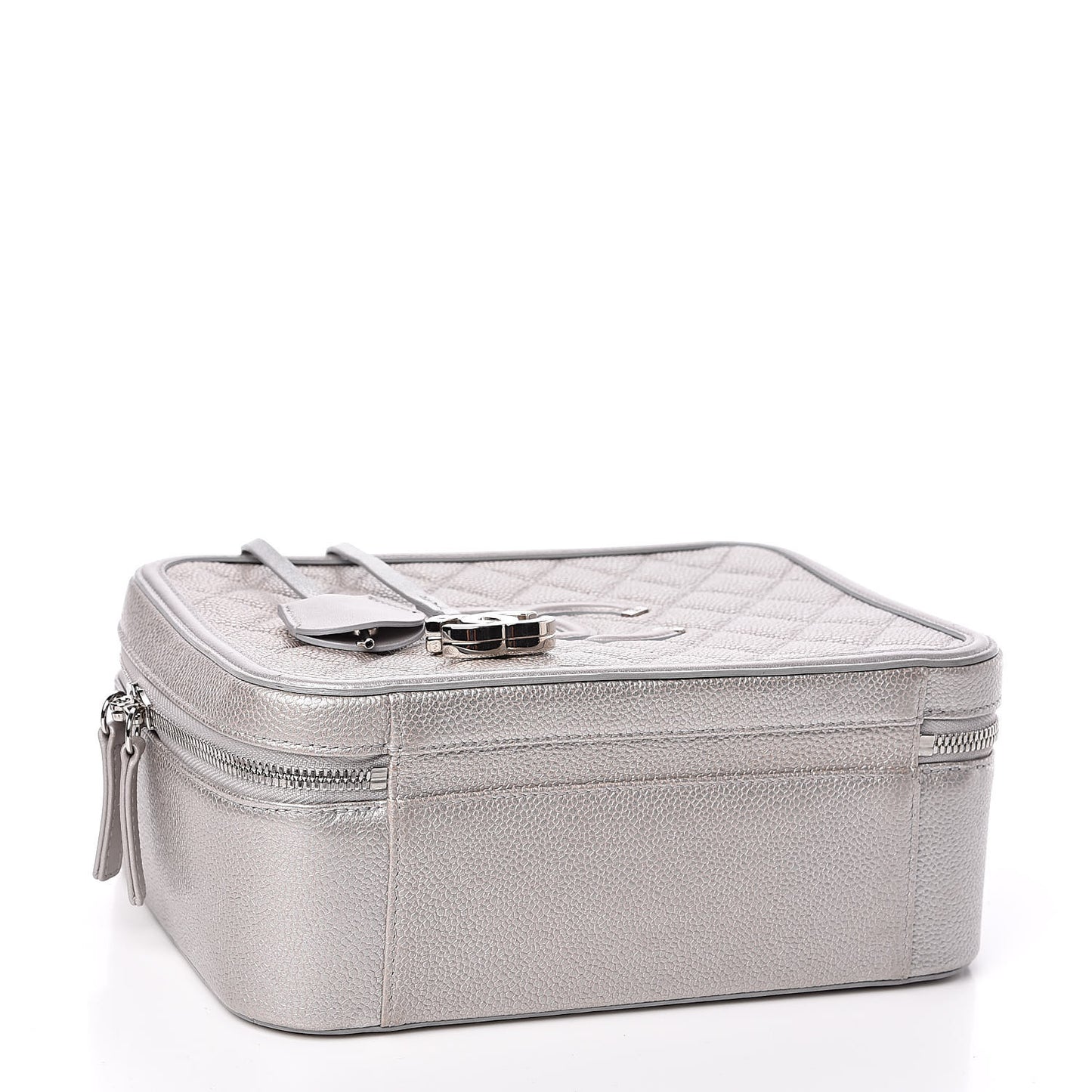 Metallic Caviar Quilted Large CC Filigree Vanity Case Silver