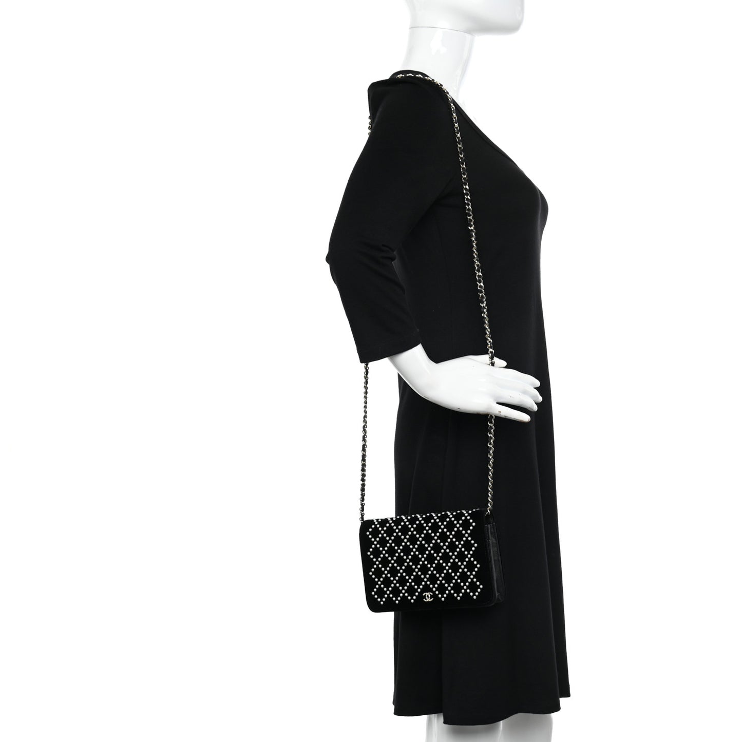 Velvet Pearl Diamond Embellished Wallet On Chain WOC Black