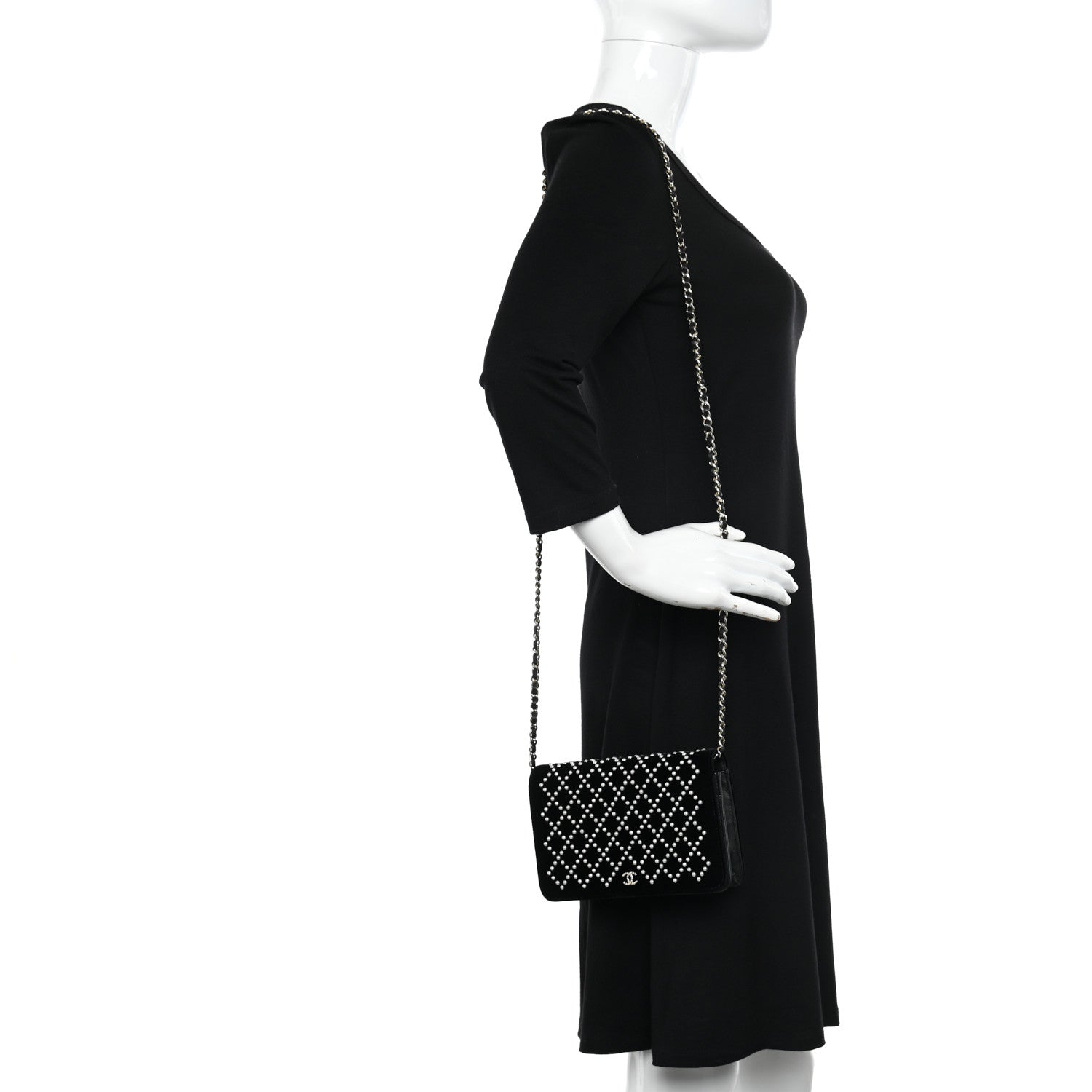 Chanel Velvet Pearl Diamond Embellished Wallet On Chain WOC Black 2 of 13