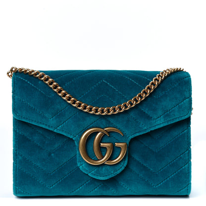 Gucci Velvet Matelasse GG Marmont Chain Wallet Pavone Cyan 1 of 10