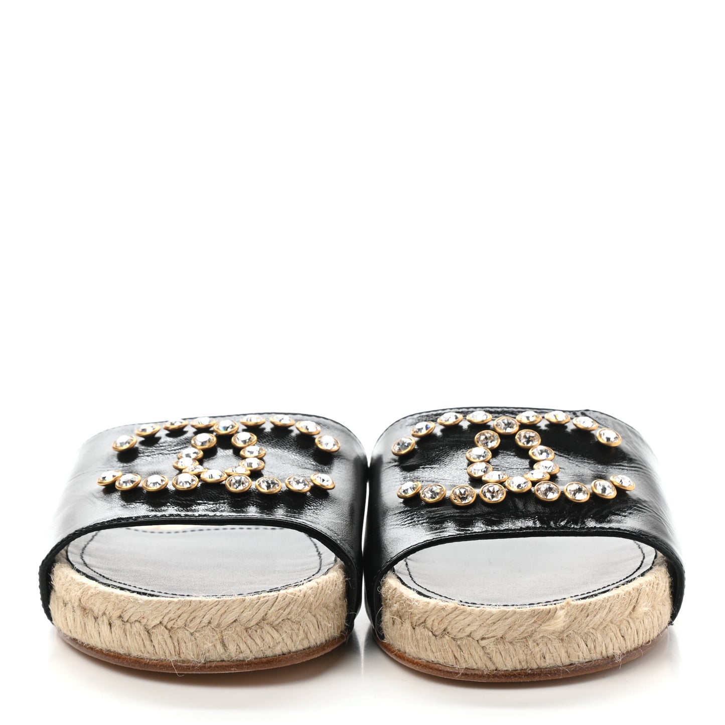 Patent Calfskin Crystal CC Espadrille Slip On Sandals 37 Black