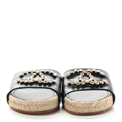 Chanel Patent Calfskin Crystal CC Espadrille Slip On Sandals 37 Black 2 of 9