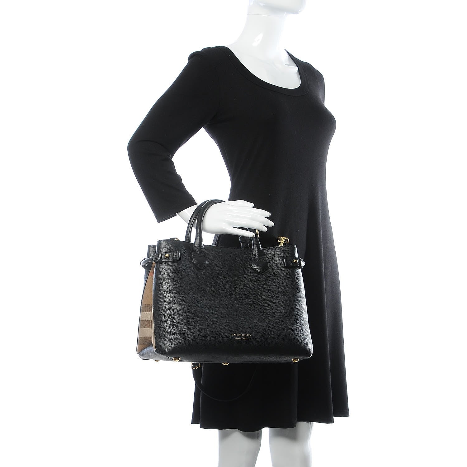 Burberry Grainy Calfskin House Check Medium Banner Tote Black 2 of 10