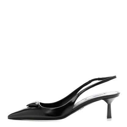 Prada Spazzolato Triangle Logo Pointed Toe 75mm Slingback Pumps 39 Black 1 of 8