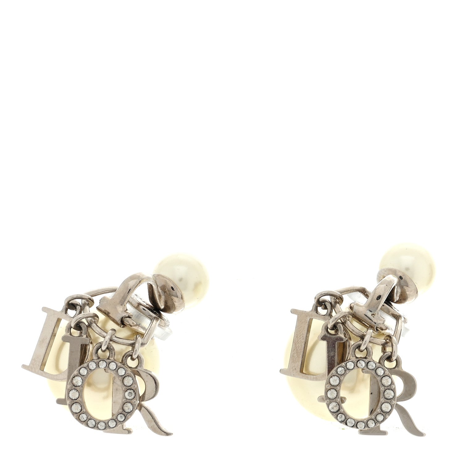 Christian Dior Metal Pearl Crystal Tribales Clip Earrings Silver White 1 of 5