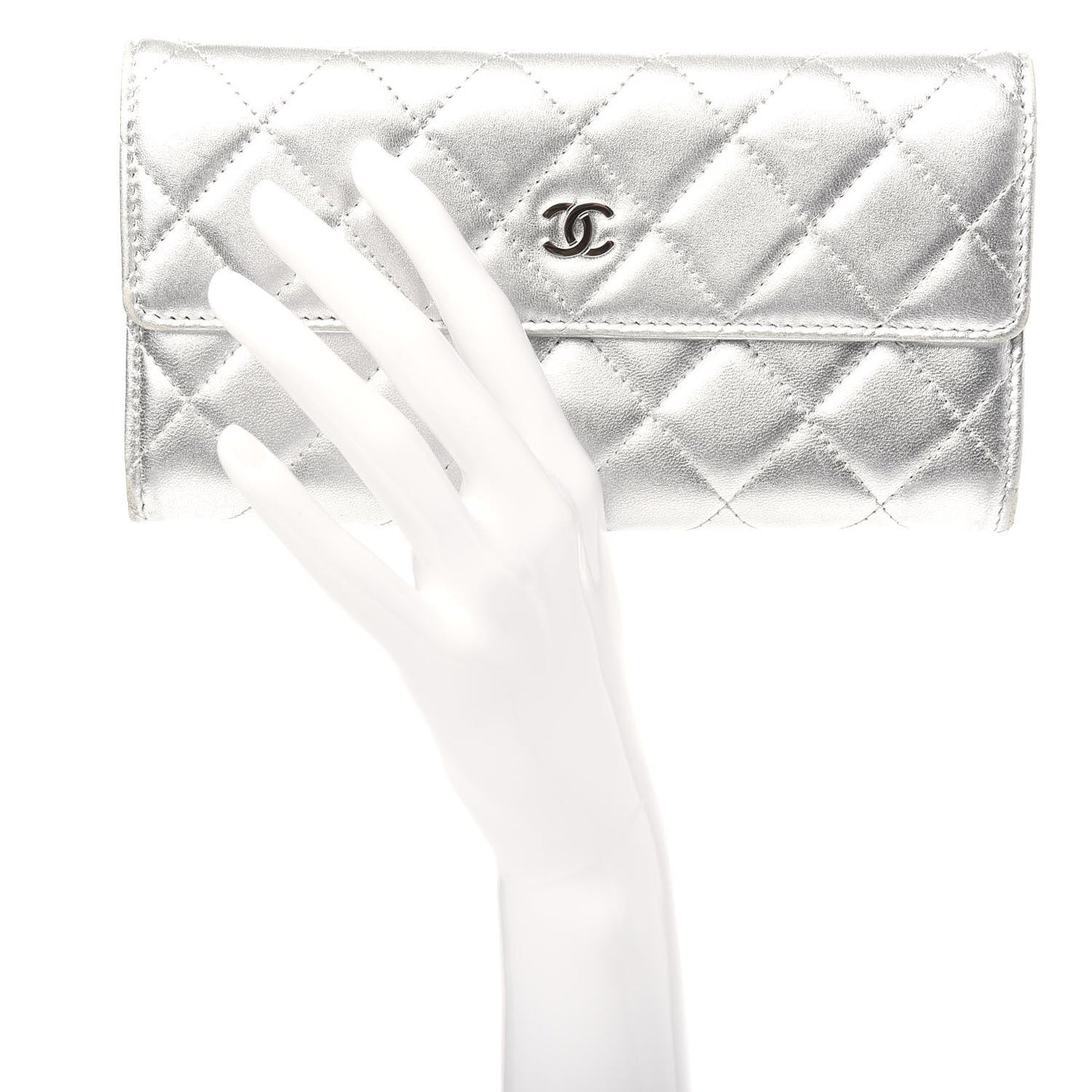 Metallic Lambskin Long Flap Wallet Silver
