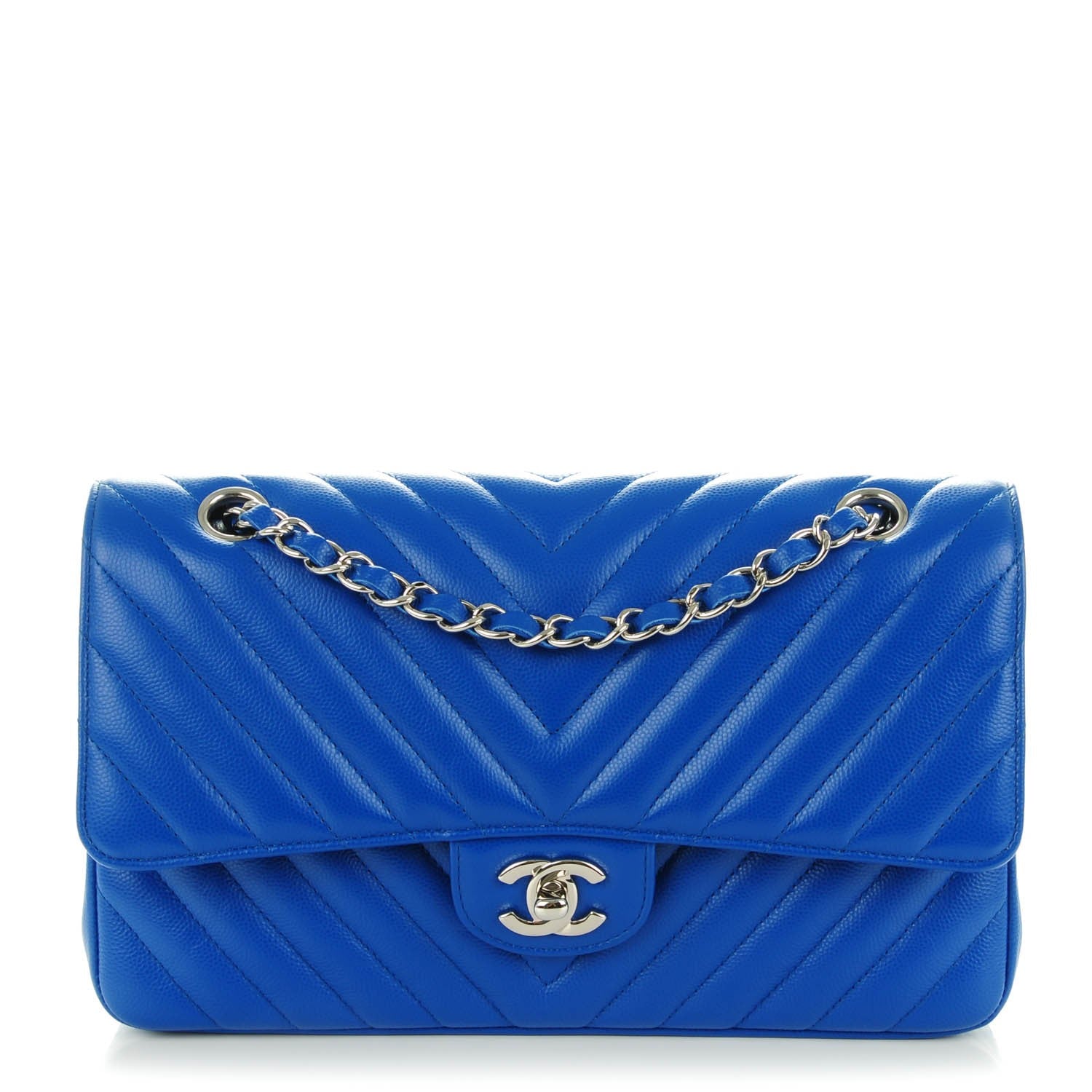 Chanel Caviar Chevron Quilted Medium Double Flap Bright Blue 1 of 8