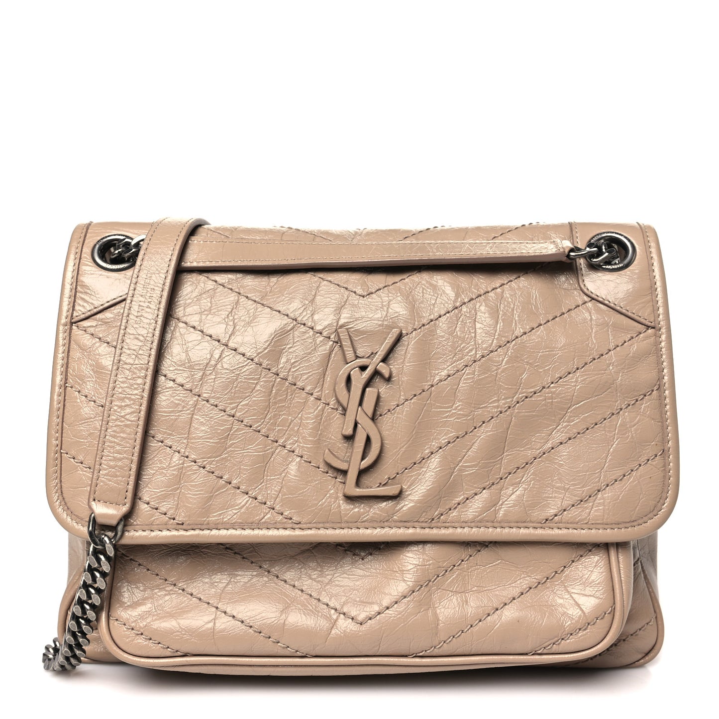 Crinkled Calfskin Matelasse Monogram Medium Niki Chain Satchel Gold Sand