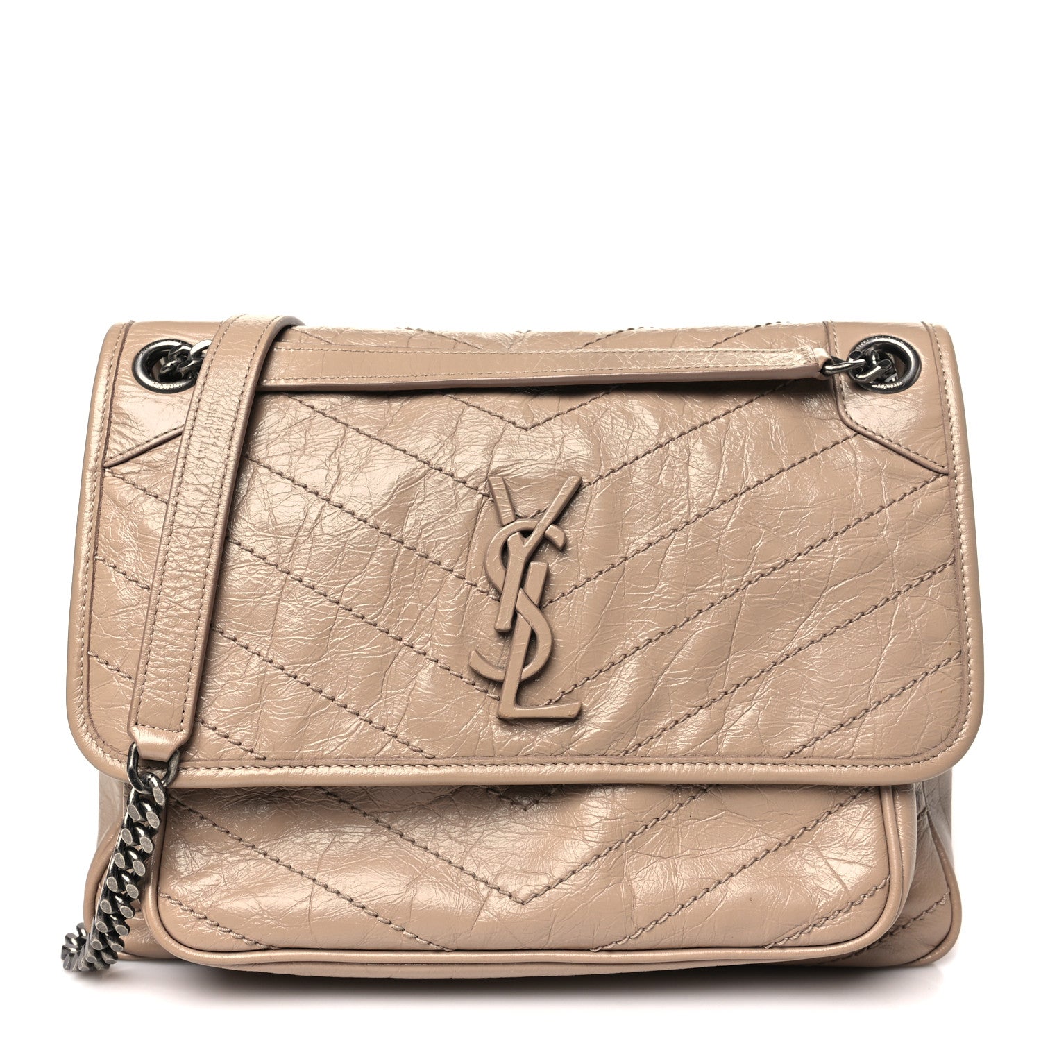 Saint Laurent Crinkled Calfskin Matelasse Monogram Medium Niki Chain Satchel Gold Sand 1 of 10