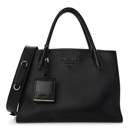 Prada Saffiano Cuir Calfskin Medium Monochrome Top Handle Tote Black 1 of 9