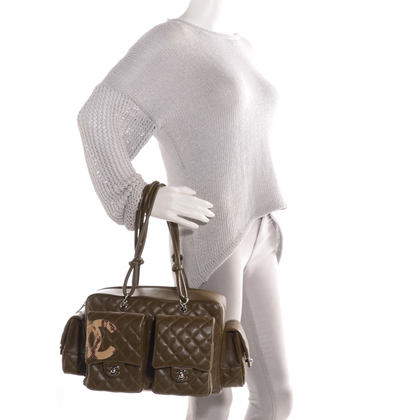 Calfskin Python Quilted Large Cambon Multipocket Reporter Khaki