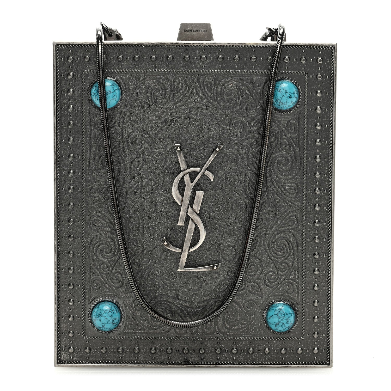 Saint Laurent Metal Turquoise Studded Minaudiere Tuxedo Box Clutch Silver 1 of 8