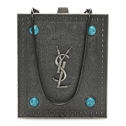 Saint Laurent Metal Turquoise Studded Minaudiere Tuxedo Box Clutch Silver 1 of 8