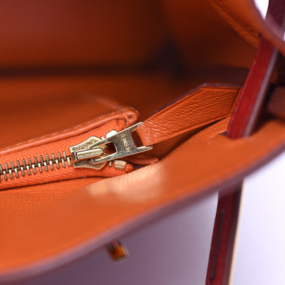 Hermes Taurillon Clemence Horseshoe Bi-Color Birkin 30 Rouge Garance and Orange 15 of 28