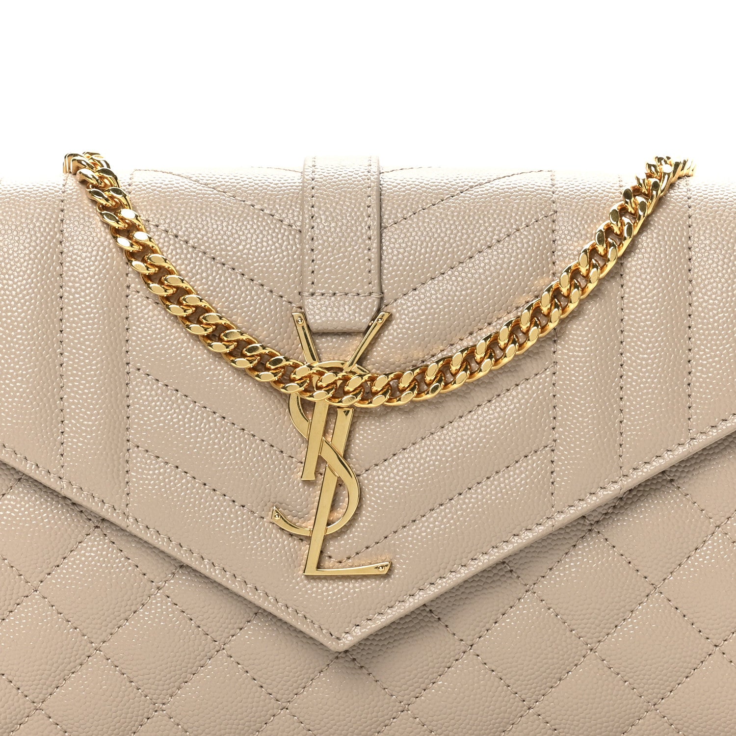 Saint Laurent Grain De Poudre Mixed Matelasse Triquilt Monogram Chain Wallet Dark Beige 7 of 9