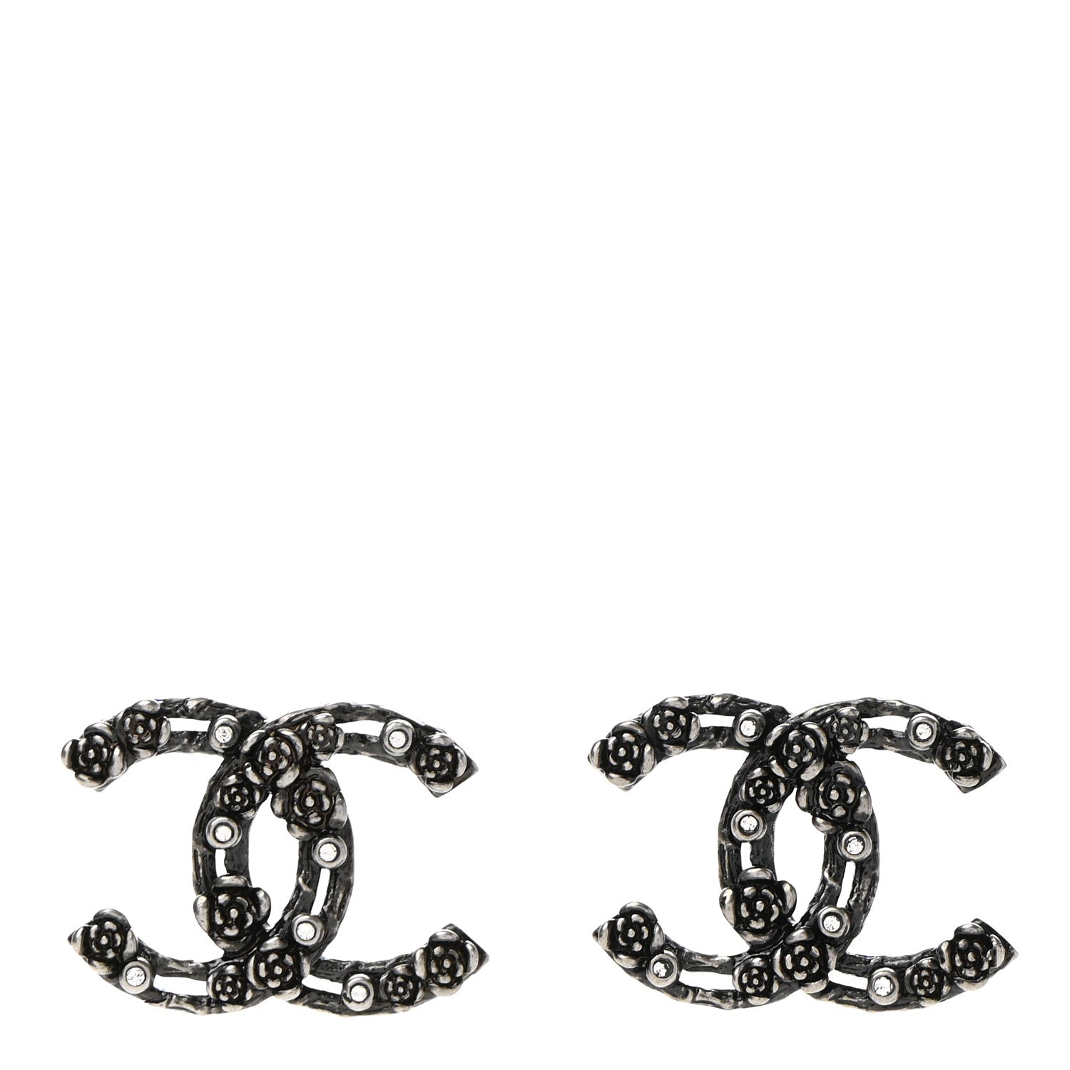 Chanel Crystal CC Camellia Earrings Ruthenium 1 of 5