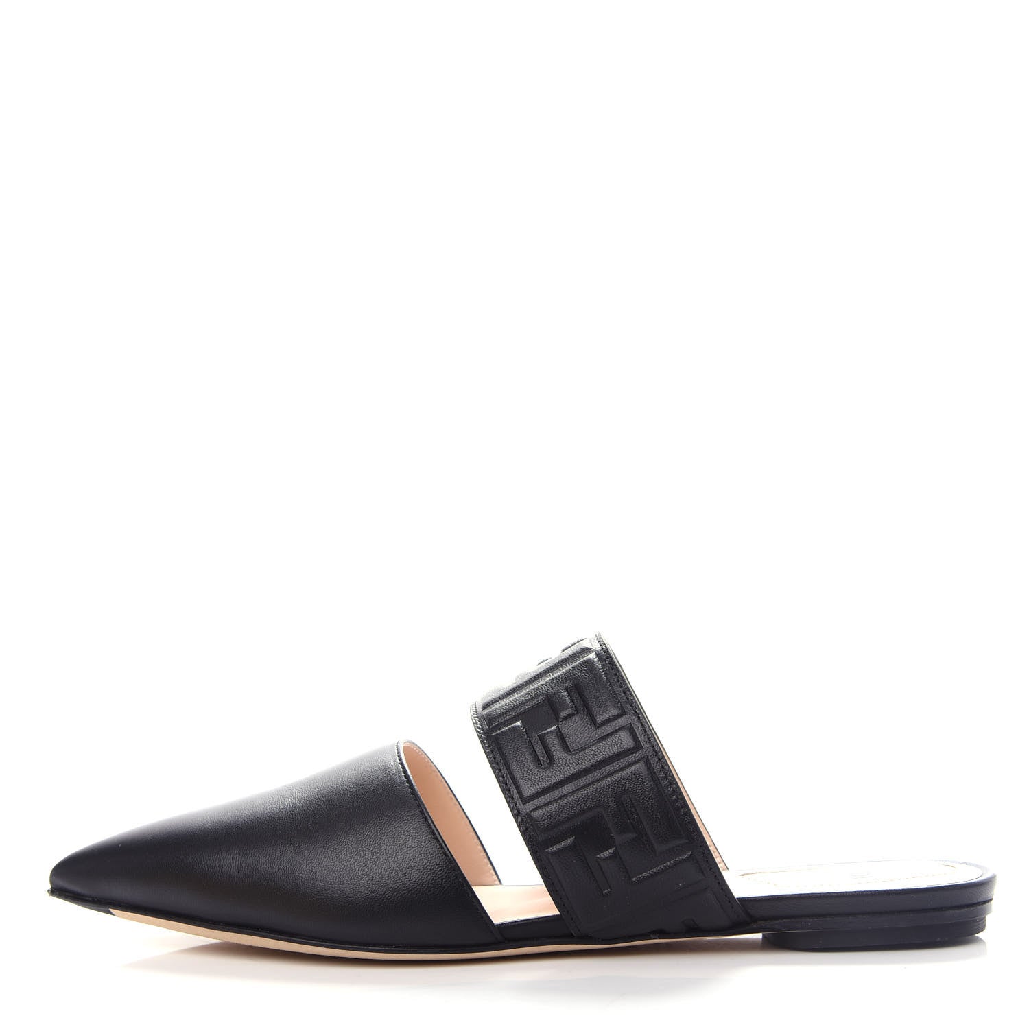 Fendi Vitello FF Embossed Buckle Flat Mules 37 Maya Black 3 of 12