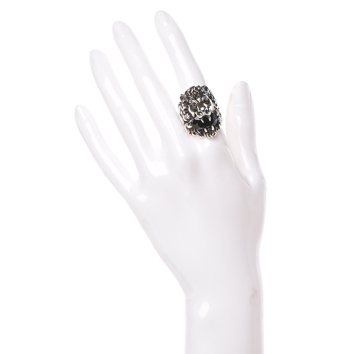 Metal Crystal Lion Head Ring Black Aged Silver