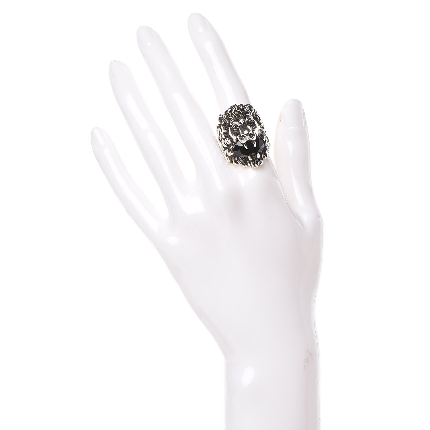 Gucci Metal Crystal Lion Head Ring Black Aged Silver 2 of 7