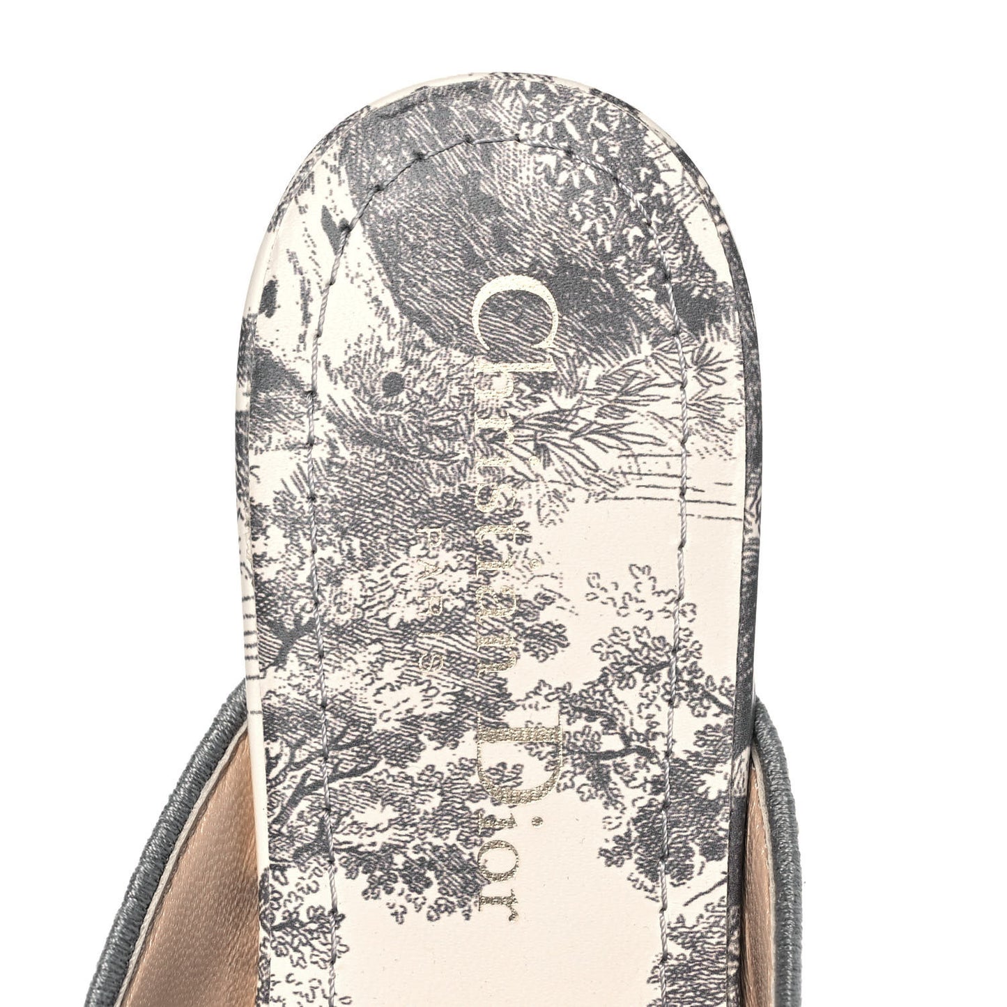Canvas Embroidered Toile De Jouy Off Flat Mules 35.5 Grey Stone