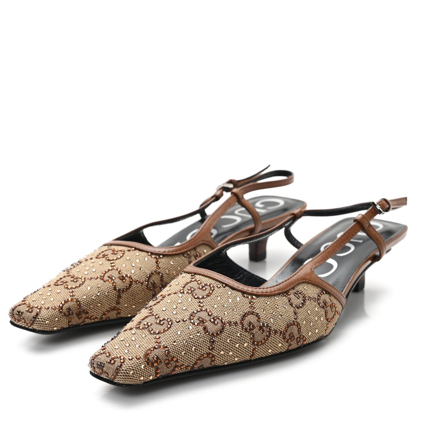 GG Monogram Malaga Kid Crystal Square G 35mm Slingback Pumps 36 Camel Ebony Cuir