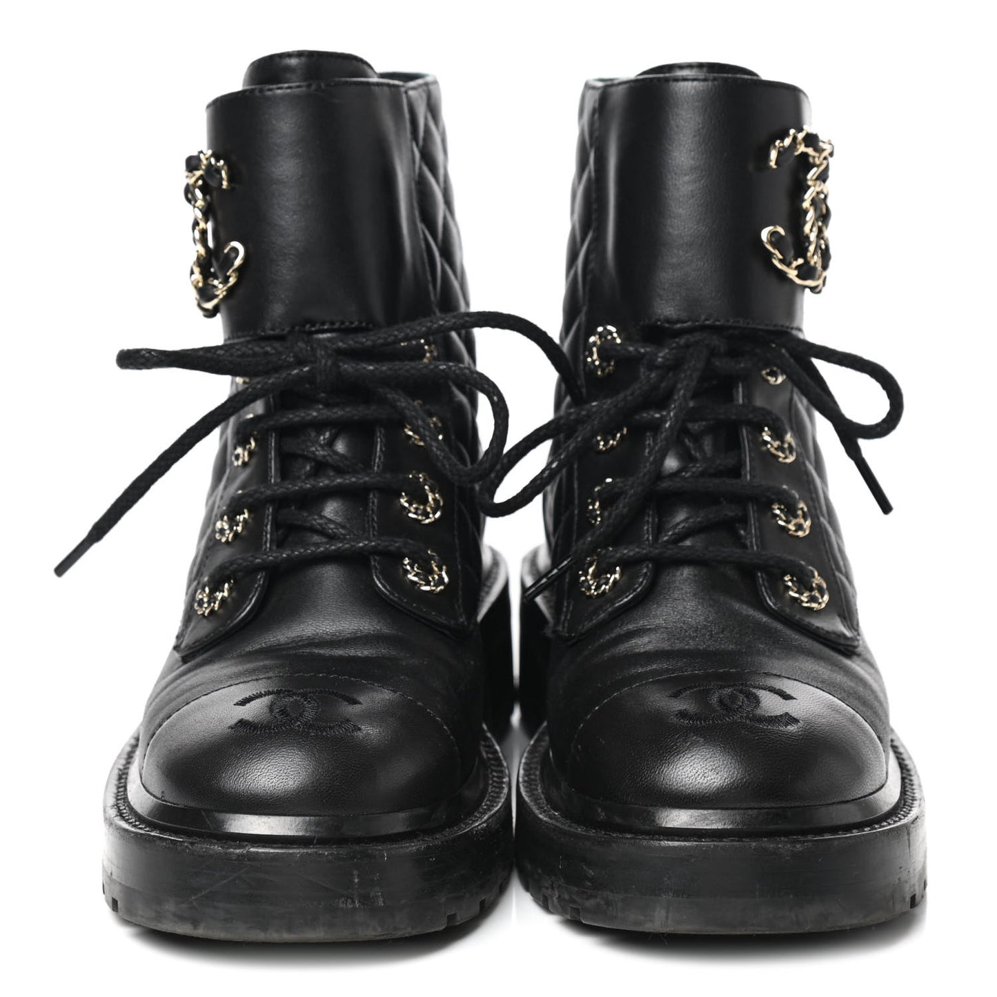 Shiny Lambskin Quilted Lace Up Combat Boots 35 Black