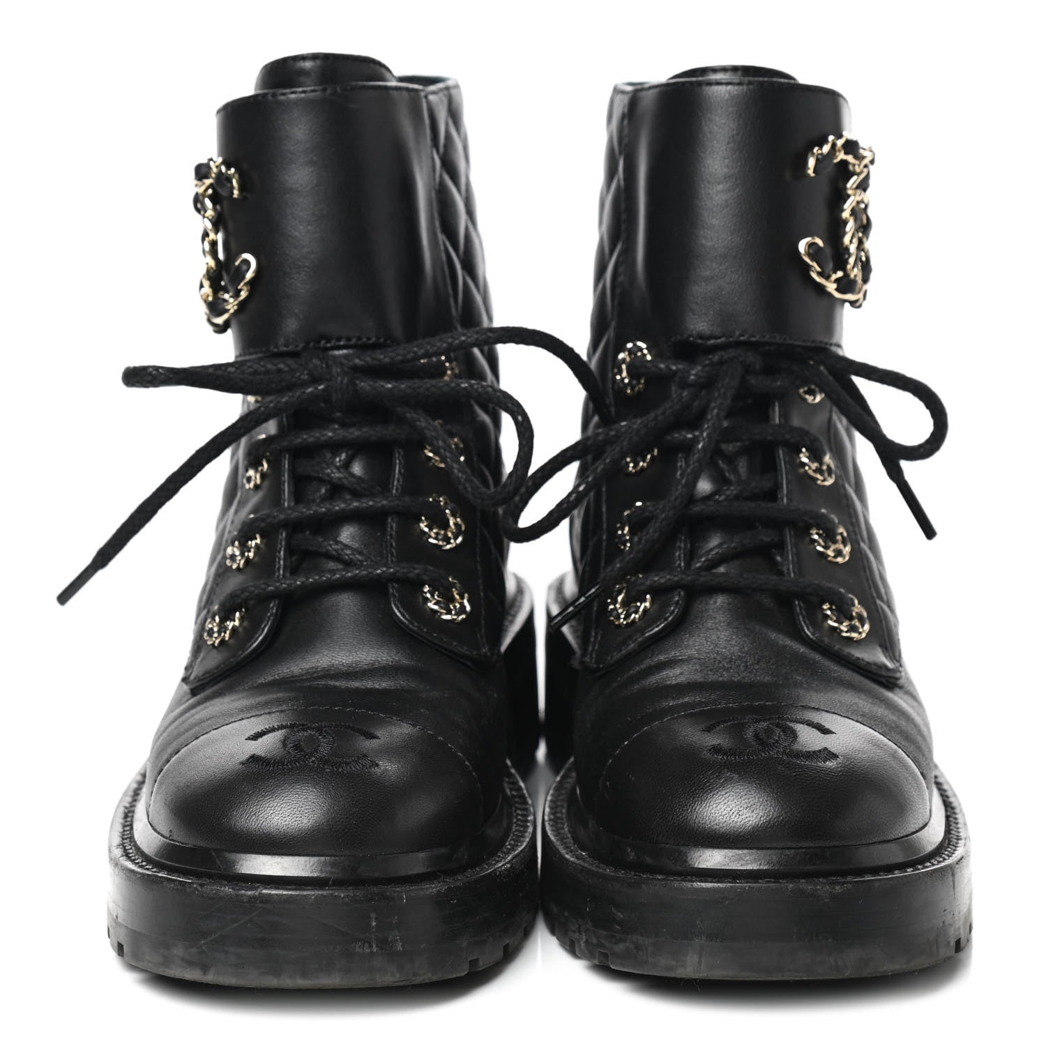 Chanel Shiny Lambskin Quilted Lace Up Combat Boots 35 Black 2 of 11