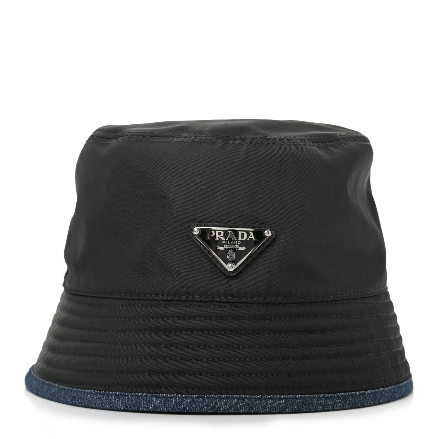 Prada Nylon Denim Metal Triangle Logo Bucket Hat M Black 1 of 9