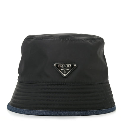Prada Nylon Denim Metal Triangle Logo Bucket Hat M Black 1 of 9