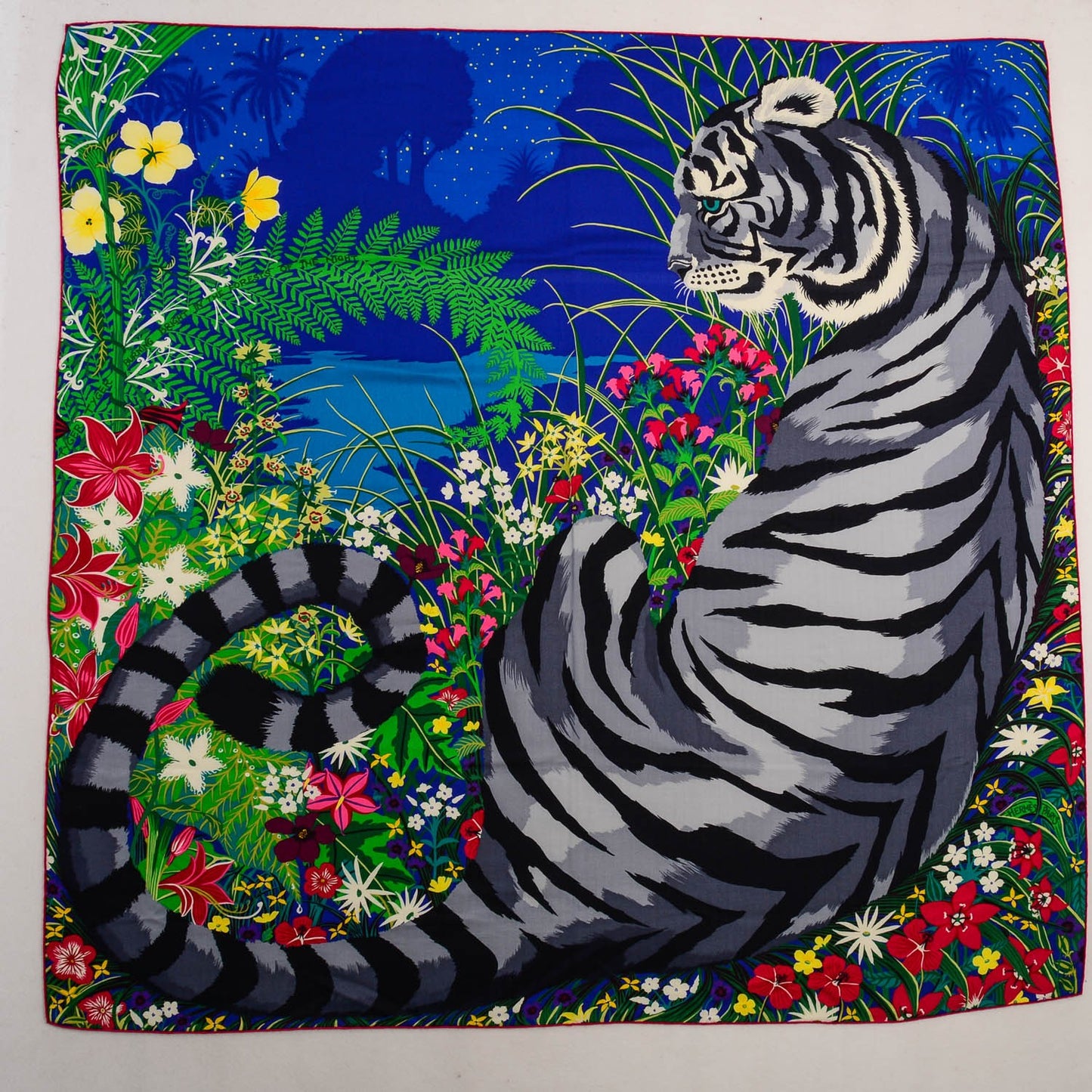 Cashmere Silk Tyger Tyger Scarf 140 Bleu Dur Vert Gris