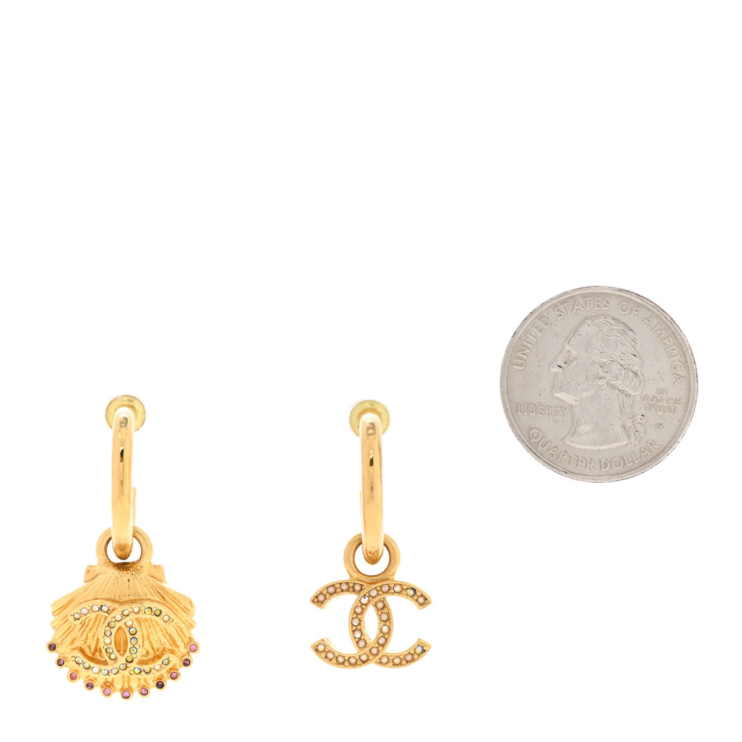 Chanel Metal CC Crystal Seashell Drop Earrings Gold 2 of 5