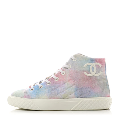 Chanel Printed Fabric High Top CC Sneakers 39 Green Pink Blue White 1 of 9