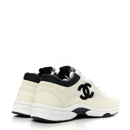 Chanel Mesh Suede Calfskin Grained Calfskin Womens CC Sneakers 38.5 White Black 4 of 9