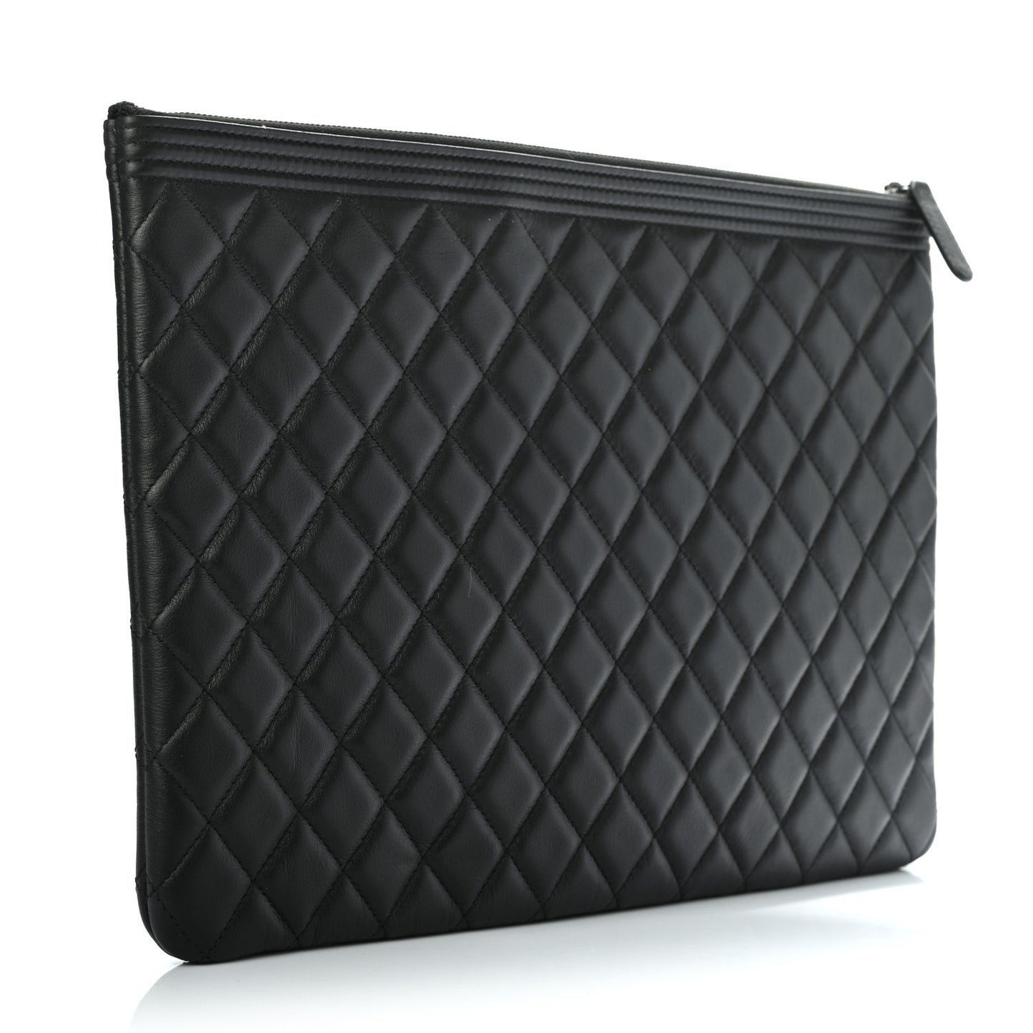 Lambskin Quilted Large Boy Zip Pouch Black