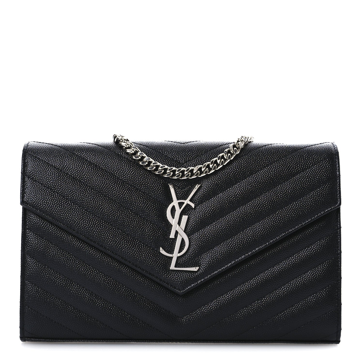 Saint Laurent Grain De Poudre Matelasse Chevron Monogram Chain Wallet Black 1 of 12