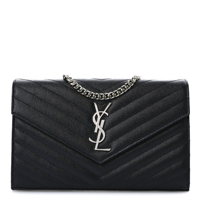 Saint Laurent Grain De Poudre Matelasse Chevron Monogram Chain Wallet Black 1 of 12