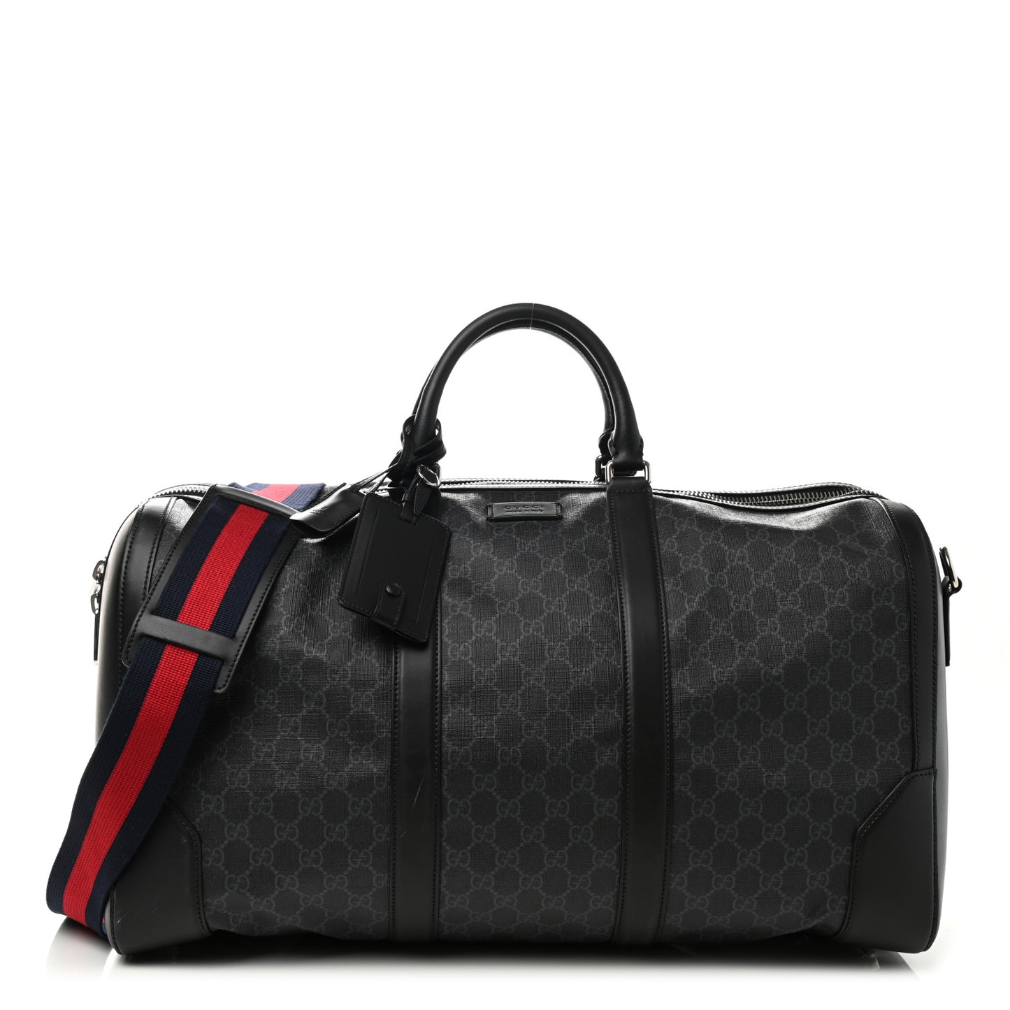Soft GG Supreme Monogram Appia Calfskin Web Large Carry On Duffle Bag Black Grey