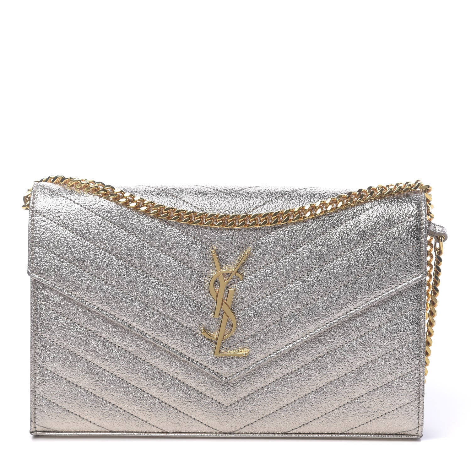 Saint Laurent Metallic Crackled Calfskin Matelasse Chevron Monogram Chain Wallet Platine 1 of 10