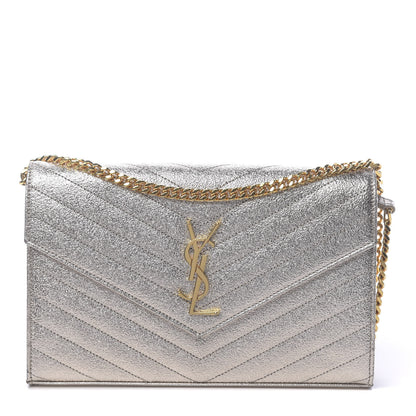 Saint Laurent Metallic Crackled Calfskin Matelasse Chevron Monogram Chain Wallet Platine 1 of 10
