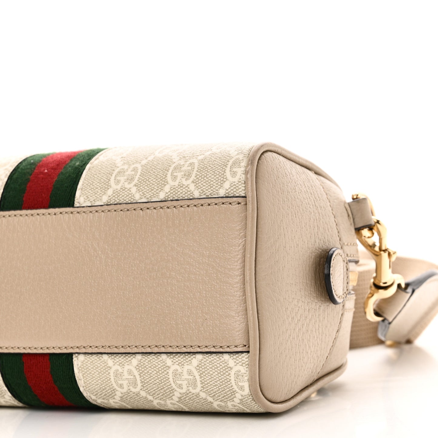 GG Supreme Monogram Textured Dollar Calfskin Web Mini Ophidia Top Handle Bowler Bag Beige Mystic White Oatmeal