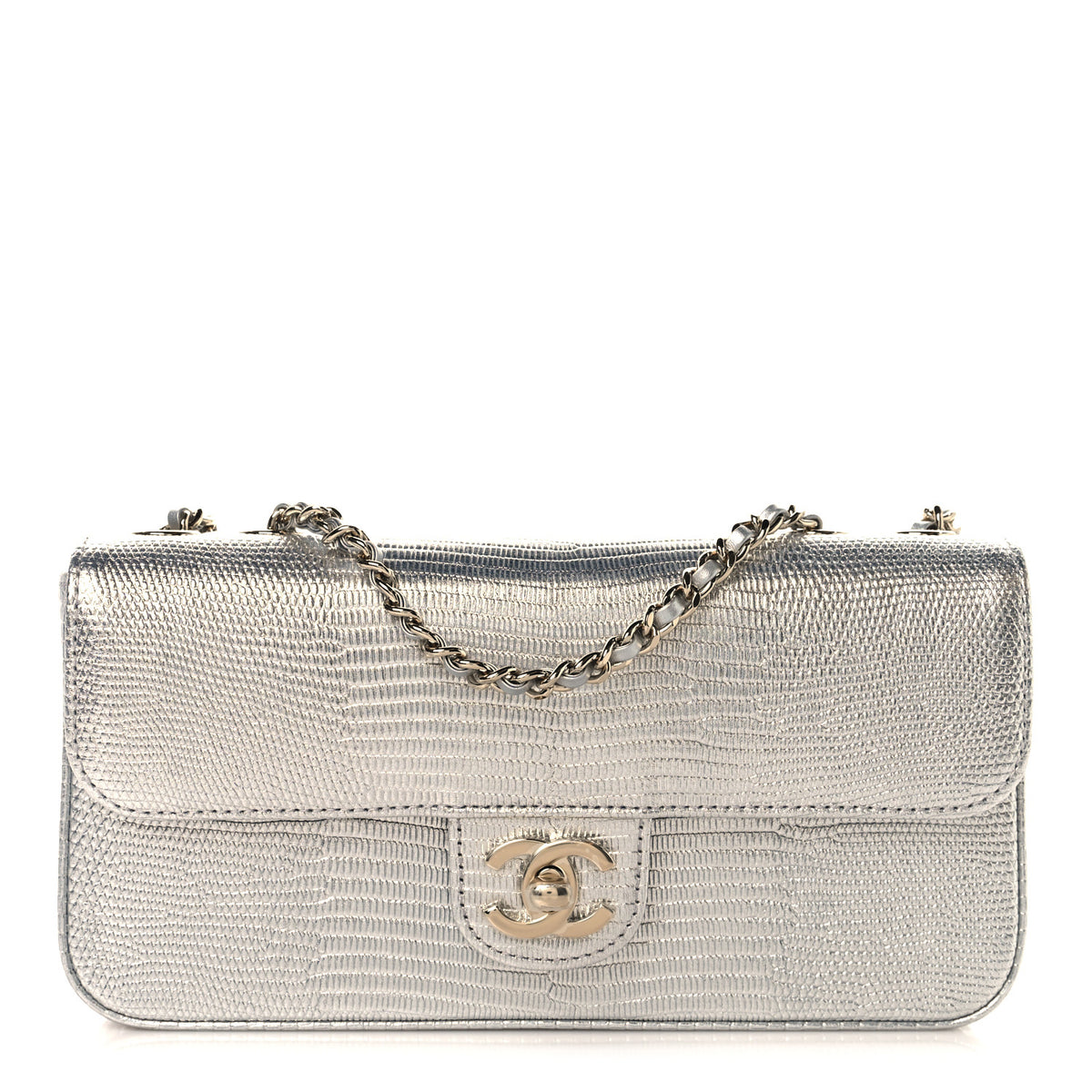 Chanel Metallic Calfskin Lizard Embossed Small East West Flap Silver 1 of 11