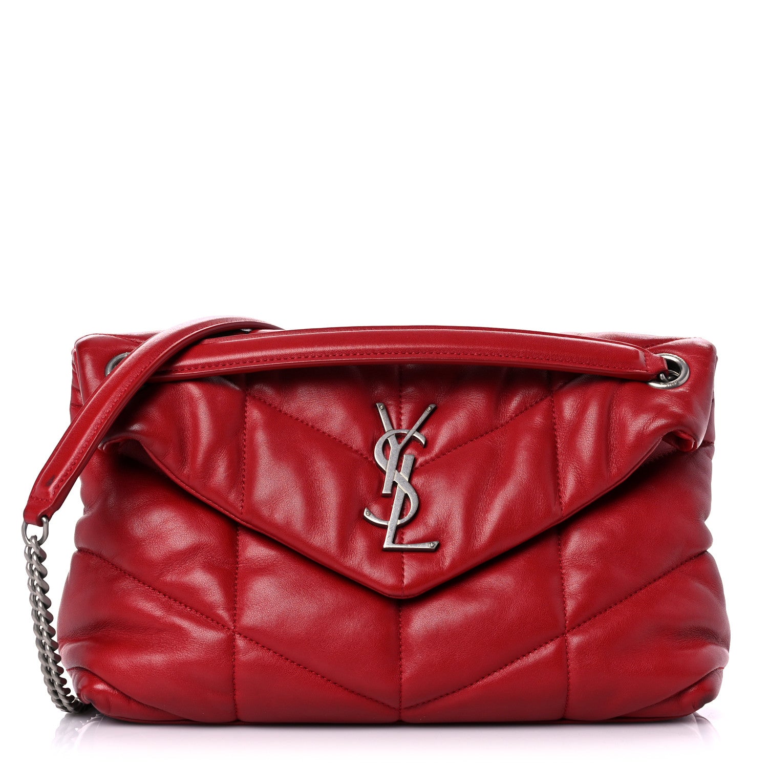 Saint Laurent Lambskin Quilted Small Loulou Puffer Monogram Chain Satchel Red 1 of 19